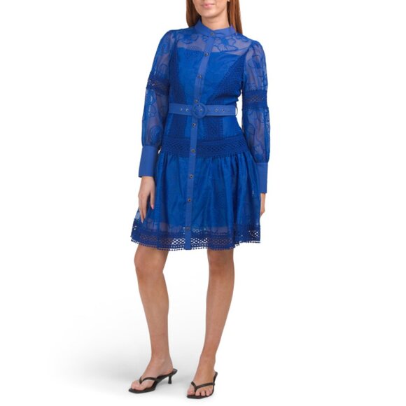 DALIA MACPHEE Royal Long Sleeve Lace Mini Dress With Belt - Picture 1 of 2